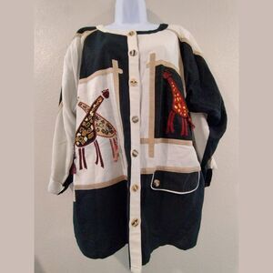 Yak Magik Womens Jacket Size M Vintage Animal Print Jiraffe Embroidered Cardigan
